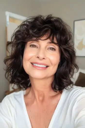 나이든 여성을 위한 앞머리 헤어스타일로 질감 있는 웨이브를 헝클어뜨렸습니다.