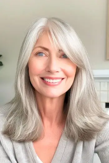 나이든 여성을 위한 옆머리 앞머리 헤어스타일의 실버 레이어.