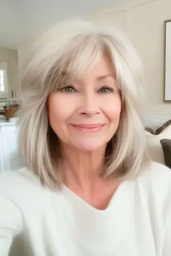 나이든 여성을 위한 레이어드 보브 헤어스타일의 부드러운 깃털 앞머리.