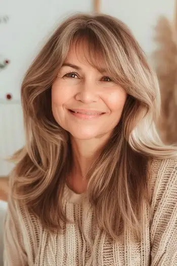 나이든 여성을 위한 앞머리가 있는 긴 레이어 헤어스타일.