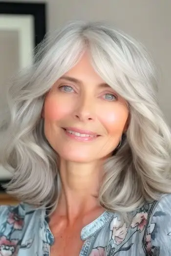 나이든 여성을 위한 커튼 앞머리 헤어스타일이 있는 부드러운 은색 파도.