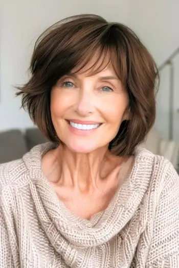 나이든 여성을 위한 희미한 앞머리 헤어스타일이 있는 질감 있는 밥.