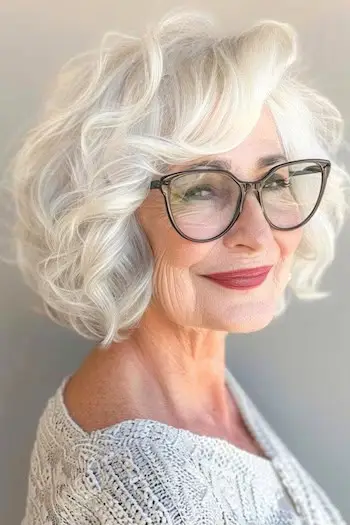 Voluminøs bølget Bob-frisure til kvinder over 70 med briller.