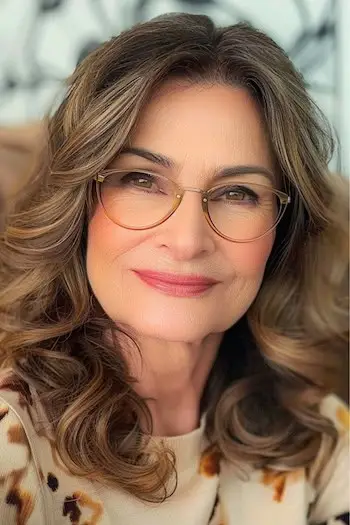 Krøllet mellemlang klippet frisure til kvinder over 70 med briller.