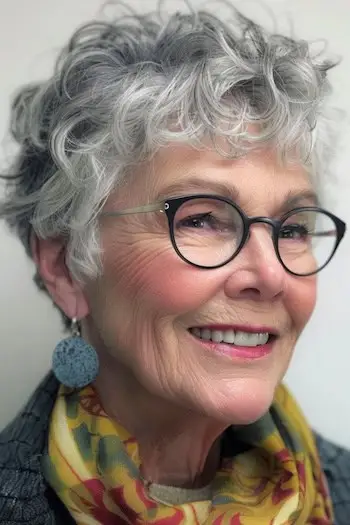 Salt og peber nissefrisure til kvinder over 70 med briller.