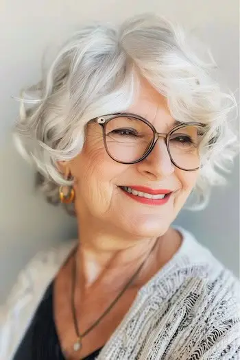 Hake-længde bølger frisure til kvinder over 70 med briller.