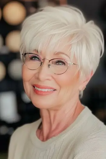 Platinum Piecey Pixie frisure til kvinder over 70 med briller.
