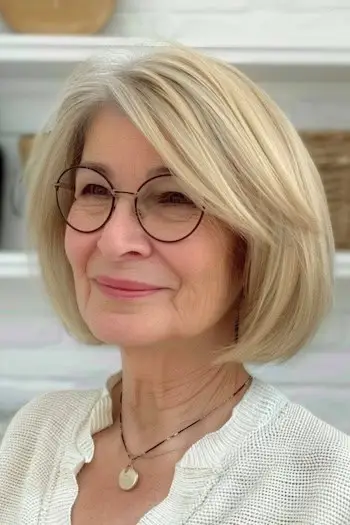 Bob med Side-Swept Bangs Frisure til kvinder over 70 med briller.