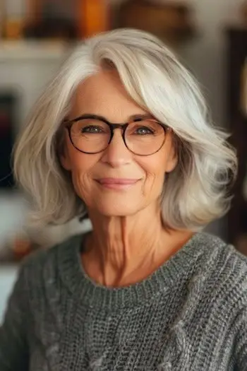 Lang bob med ansigtsindrammede lag frisure til kvinder over 70 med briller.a