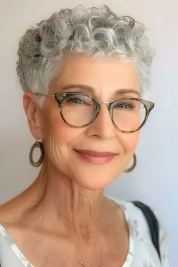 Kort krøllet nissefrisure til kvinder over 70 med briller.