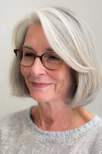 Ansigtsindramning sølv Bob-frisure til kvinder over 70 med briller.