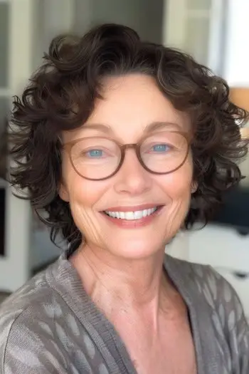 Layered Short Curls Frisure til kvinder over 70 med briller.