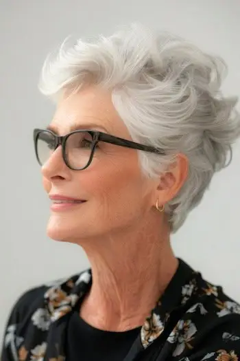 Pixie-frisure til kvinder over 70 år med briller.