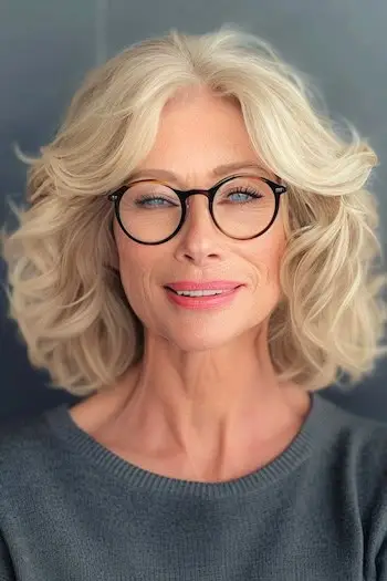 Bølgede lag med gardin pandehår Frisure til kvinder over 70 med briller.