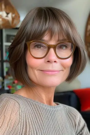 Beskåret Bob med pandehår-frisure til kvinder over 70 år med briller.