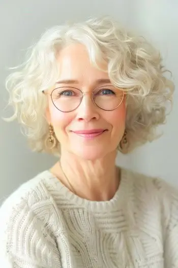 Kort krøllet frisure til kvinder over 70 med briller.