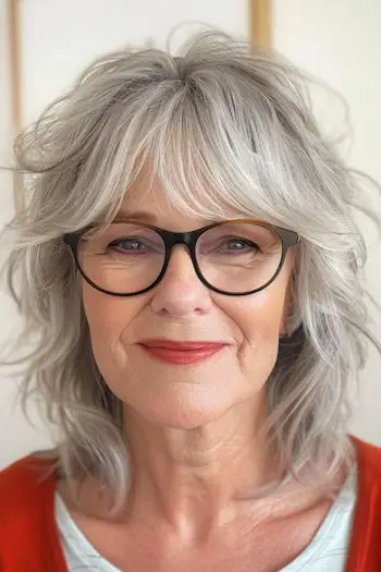 Shaggy Cut med pandehår Frisure til kvinder over 70 med briller.