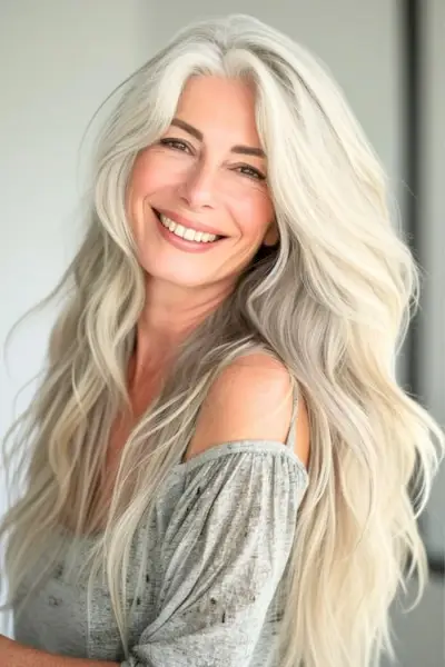 50歳以上の女性のための長く流れるウェーブのロングヘアスタイル。