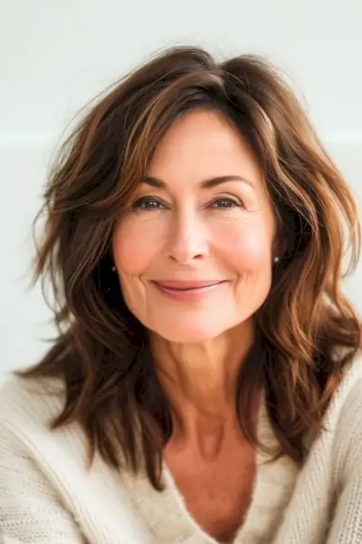 50代以上の女性のためのレイヤードロブロングヘアスタイル。