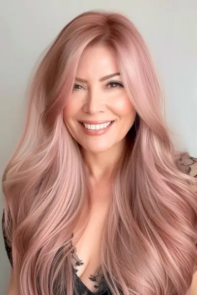 50歳以上の女性のためのローズゴールドレイヤーのロングヘアスタイル。