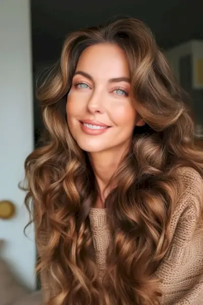 50歳以上の女性のためのオールドハリウッドウェーブロングヘアスタイル。