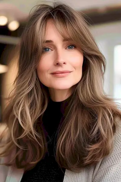 50歳以上の女性のためのカーテン前髪のある長いレイヤーの長いヘアスタイル。