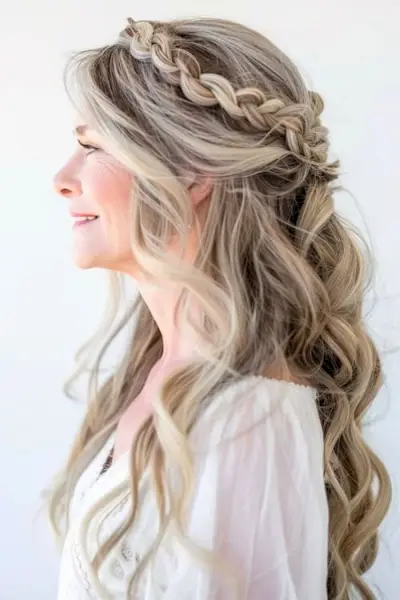 50歳以上の女性向けの、ゆるいシルバーのウェーブがかかった編み込みクラウンのロングヘアスタイル。
