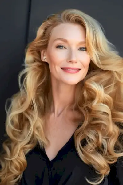 50歳以上の女性のためのサイドパートの長いヘアスタイルのレトロなウェーブ。