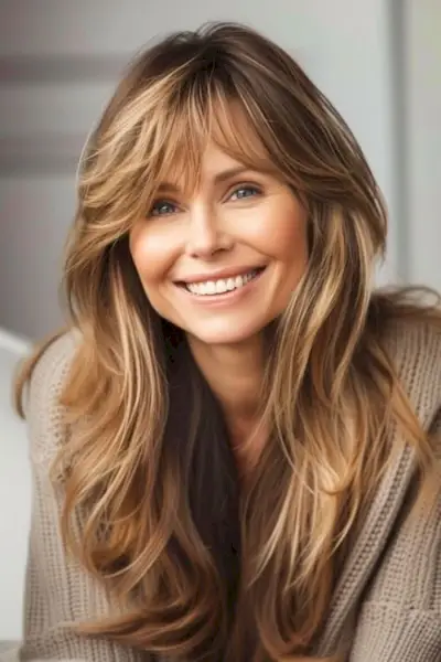 50歳以上の女性向けの、サイドに流し込んだ前髪のあるロングレイヤーのロングヘアスタイル。