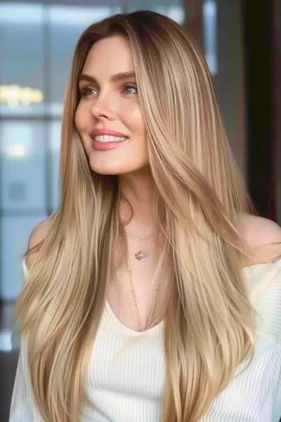 50歳以上の女性のためのロングブロンドレイヤーのロングヘアスタイル。