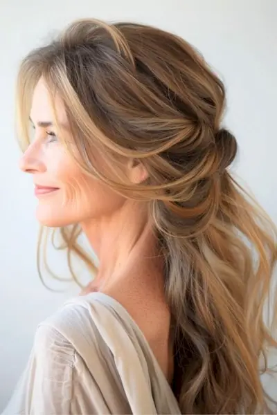 50代以上の女性向けのゆるめのハーフアップツイストロングのヘアスタイルです。