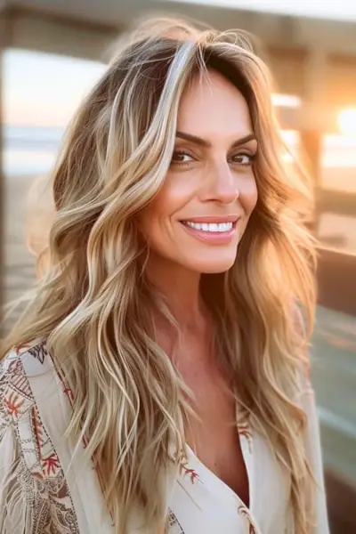 50歳以上の女性のためのハイライトされたビーチウェーブのロングヘアスタイル。