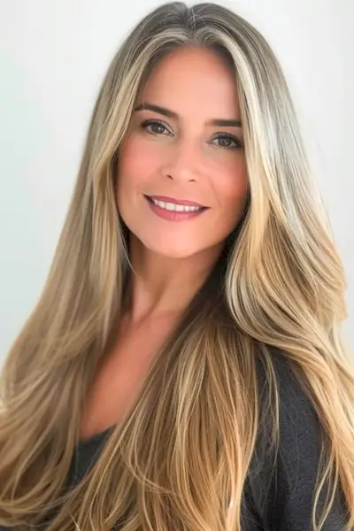 ロングブロンドは、50歳以上の女性の長いヘアスタイルを強調します。