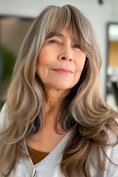 50歳以上の女性のための前髪の長いヘアスタイルで顔をフレーミングするレイヤー。