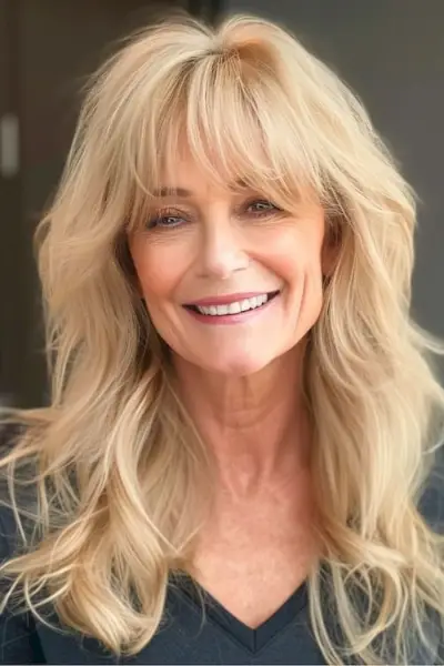 50歳以上の女性のための、うっすらとした前髪のあるブロンドのシャギーレイヤーの長いヘアスタイル。