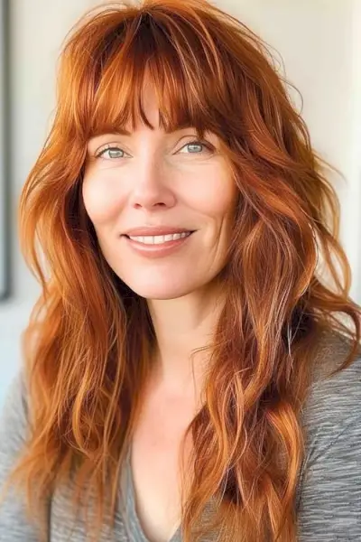 50歳以上の女性のためのフリンジ付きの赤いシャグの長いヘアスタイル。