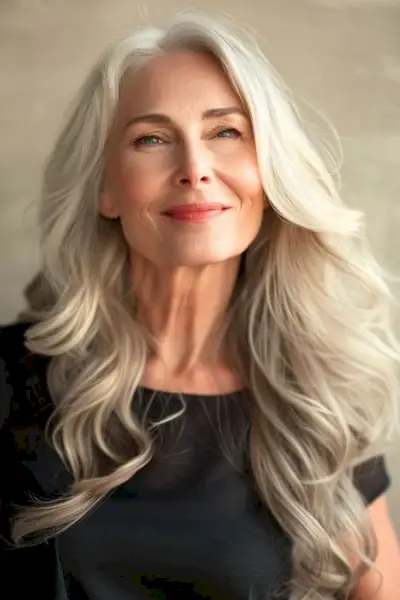 50歳以上の女性のためのシルバーレイヤーのロングヘアスタイル。