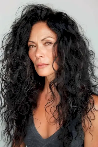 50歳以上の女性のためのボリュームのあるモダンなパーマのロングヘアスタイル。