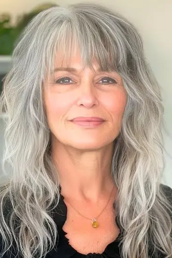 Dlouhý stříbrný shag účes na usmívající se ženě ve věku 60 let.