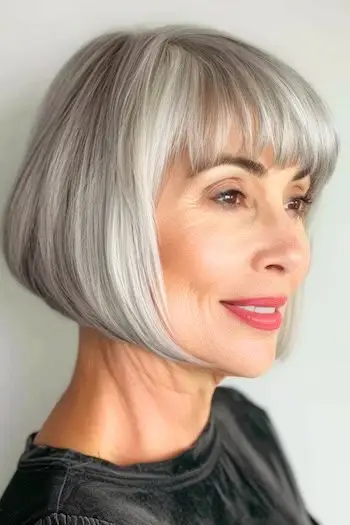 Bob délky brady s účesem s ofinou na usmívající se ženě ve věku 60 let.