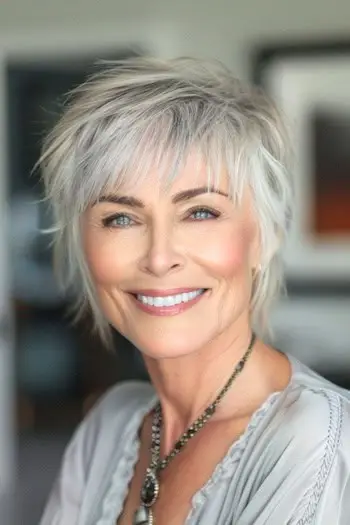 Rozcuchaný Tapered Shaggy Cut účes na usmívající se ženě ve věku 60 let.