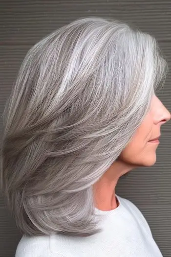 Vrstvený opeřený účes po ramena na usmívající se ženě ve věku 60 let.