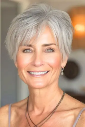 Texturovaný šedý Pixie účes na usmívající se ženě ve věku 60 let.