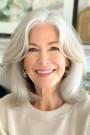 Stříbrný lob s účesem s ofinou na obličeji na usmívající se ženě kolem 60 let.