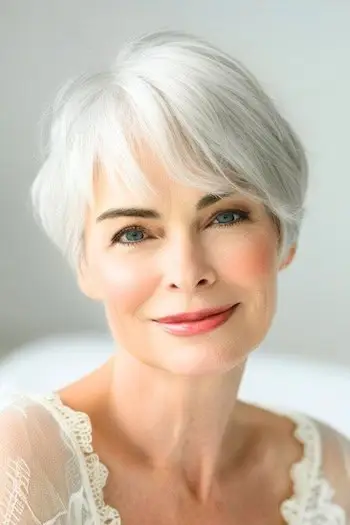 Zaoblený stříbrno-bílý skřítek s ofinou na usmívající se ženě ve věku 60 let.