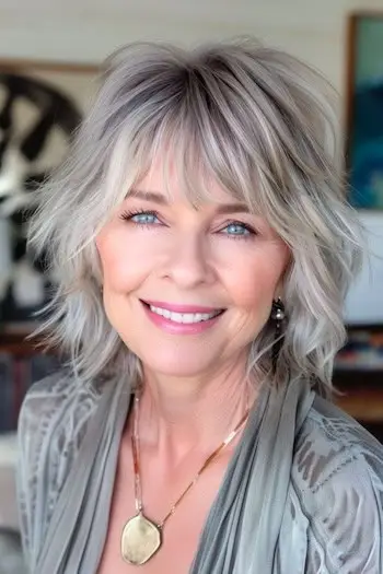 Piecey Grey Shag účes na usmívající se ženě ve věku 60 let.