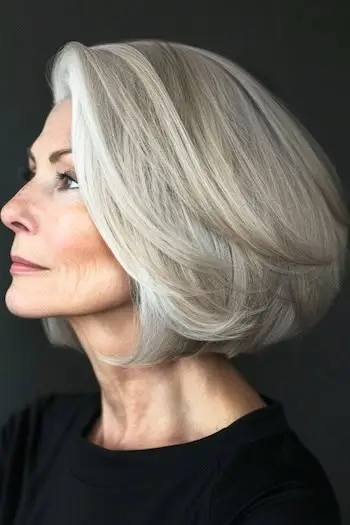 Objemný šedý Bob účes na elegantní ženě kolem 60 let.