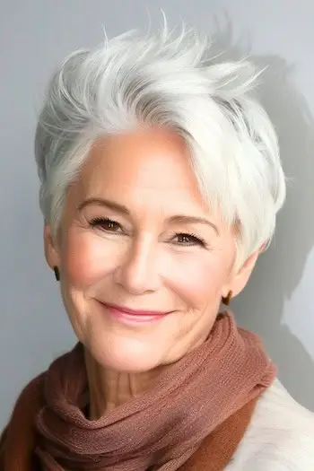 Rozcuchaný stříbrný Pixie účes na usmívající se ženě kolem 60 let.