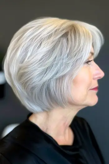 Oříznutý opeřený šedý účes na usmívající se ženě ve věku 60 let.