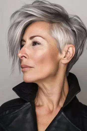 Asymetrický šedý Pixie účes na usmívající se ženě ve věku 60 let.